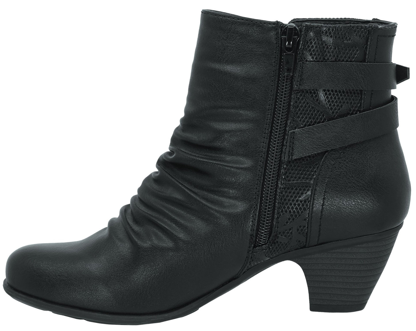 Black ankle boot with side zipper and buckle accents.