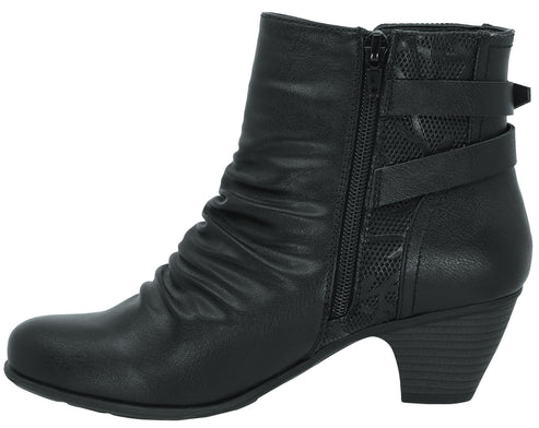 Black ankle boot with side zipper and buckle accents.