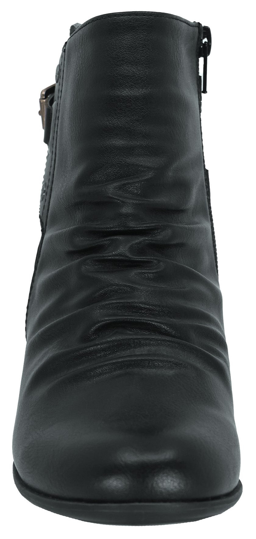 A black ankle boot with a side zipper and a buckle.