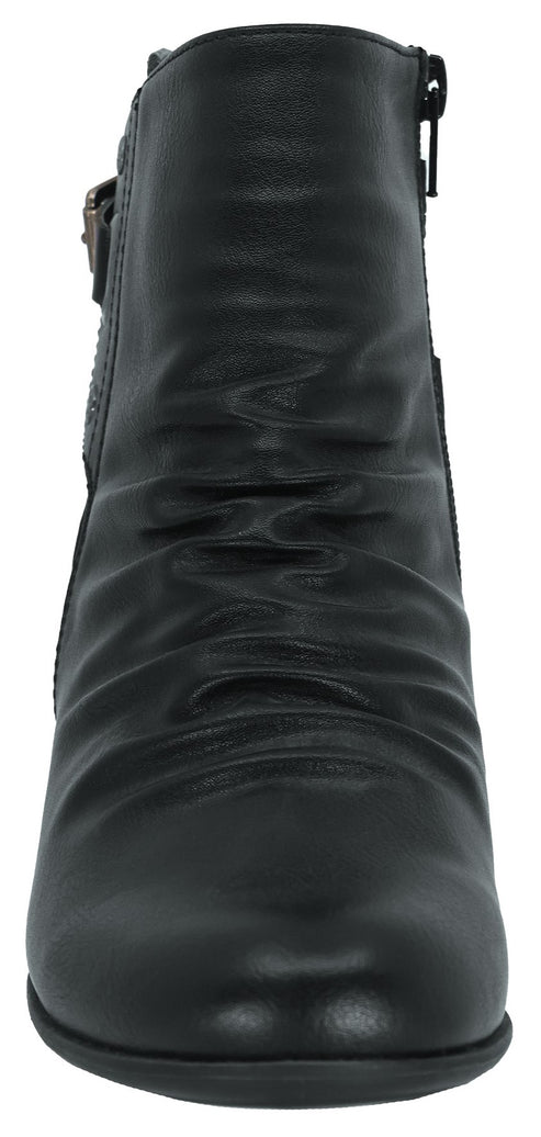 A black ankle boot with a side zipper and a buckle.