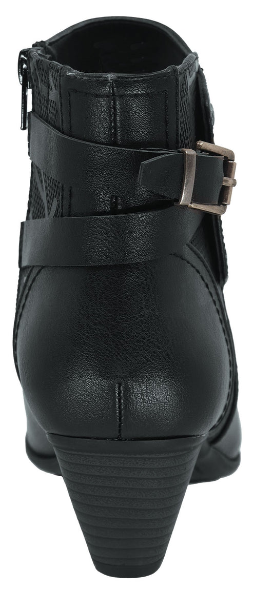 Back view of a black ankle boot with a side zipper and decorative buckle straps.