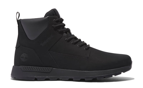 A black, high-top boot with black shoelaces and a black sole.