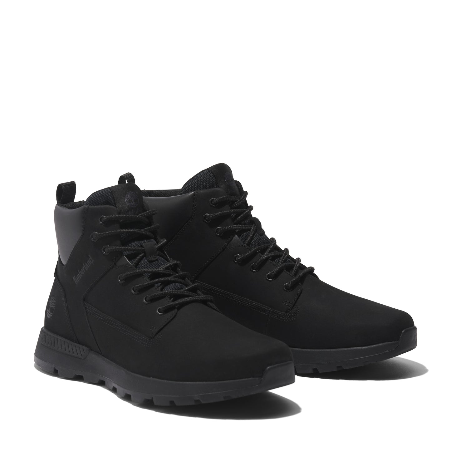 Pair of black Timberland Boroughs Project Mid Fabric boots with black laces, and black soles.