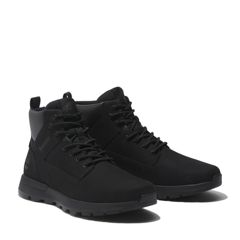 Pair of black Timberland Boroughs Project Mid Fabric boots with black laces, and black soles.