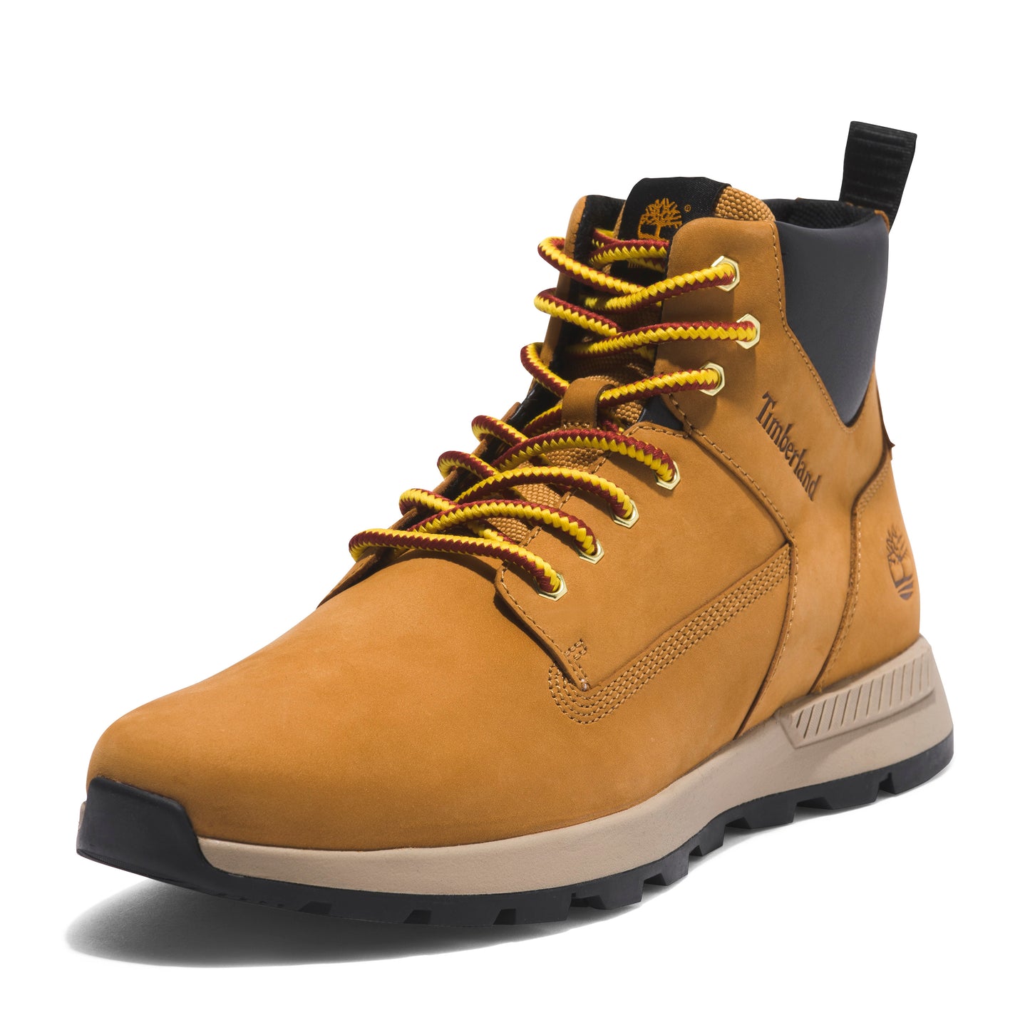 Tan leather ankle boot with yellow and red laces, black padded collar, and Timberland logo on the side.