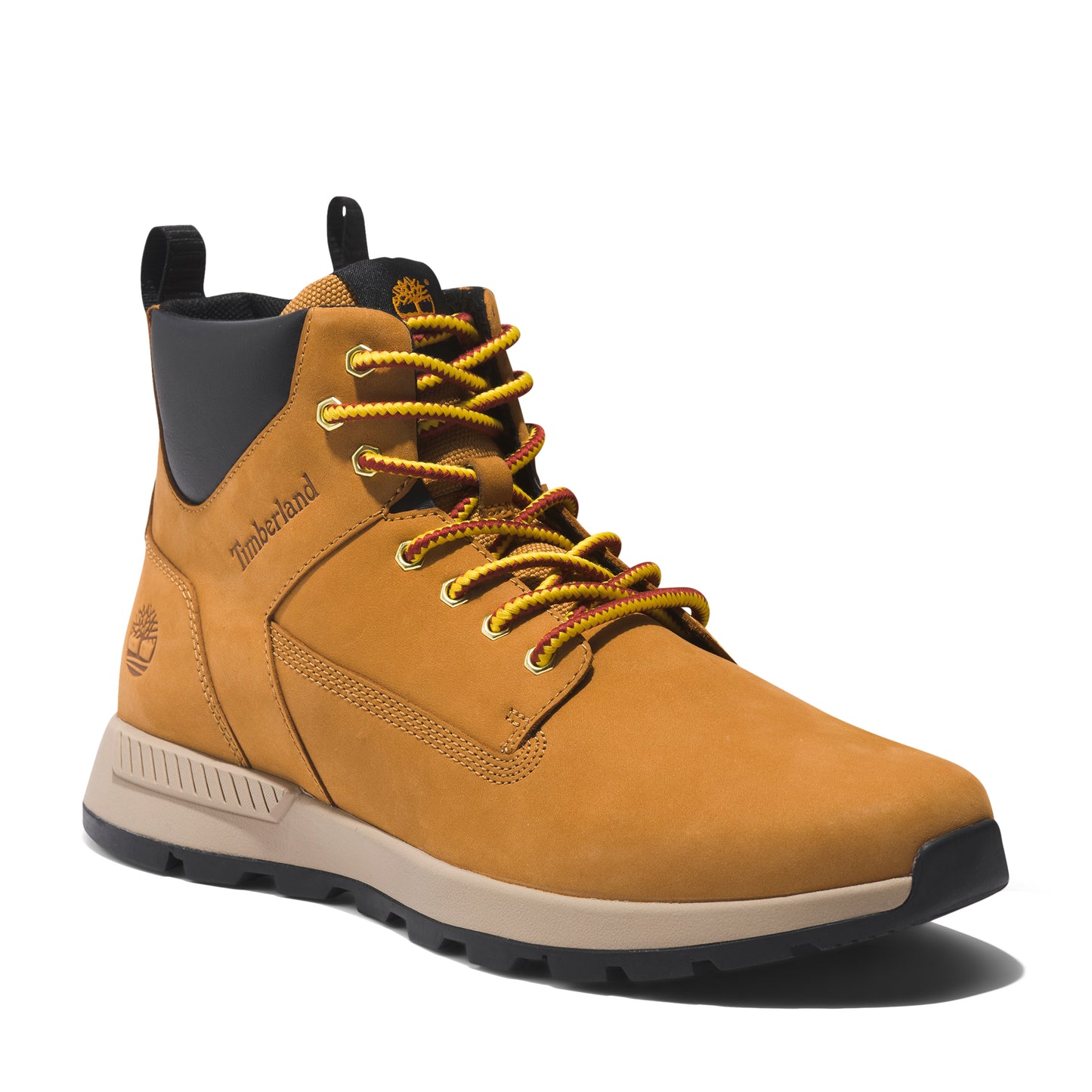 Tan Timberland hiking boot with yellow and red laces, black cuff, lug sole and logo text on the side.