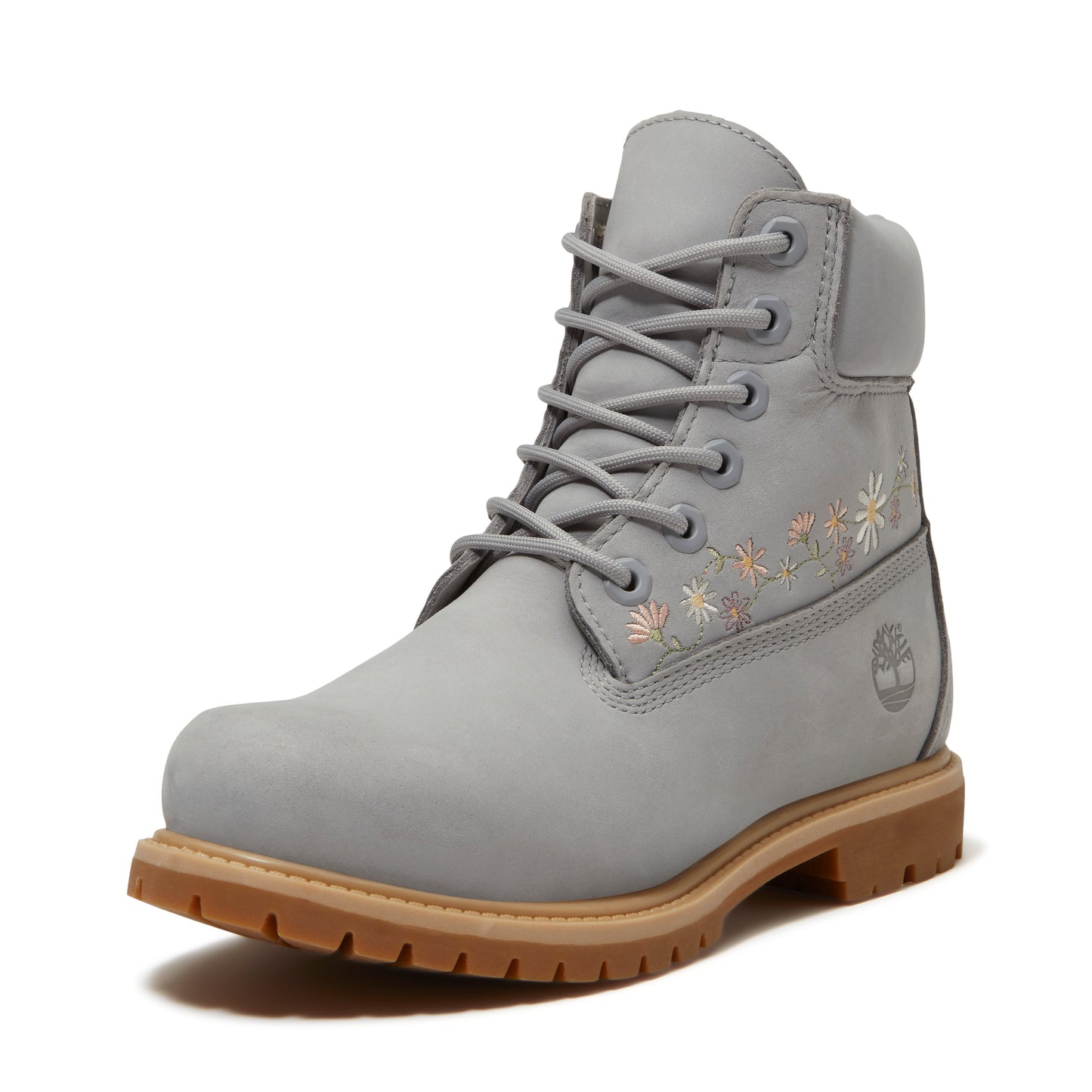 Grey lace up boot with floral embroidery and brown sole