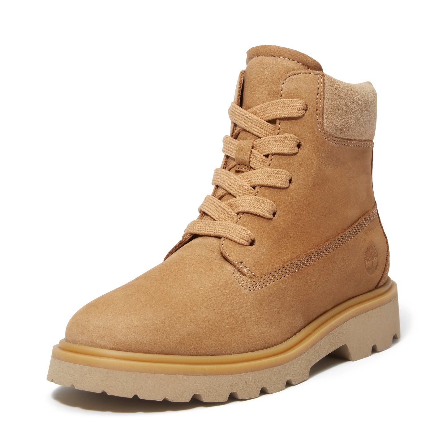 Tan leather work boot with laces and rubber sole.