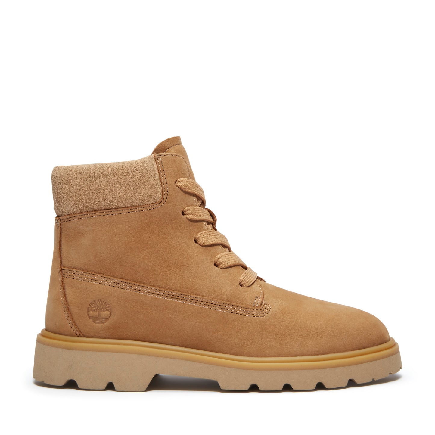 Tan ankle boot with tan laces and thick tan sole.