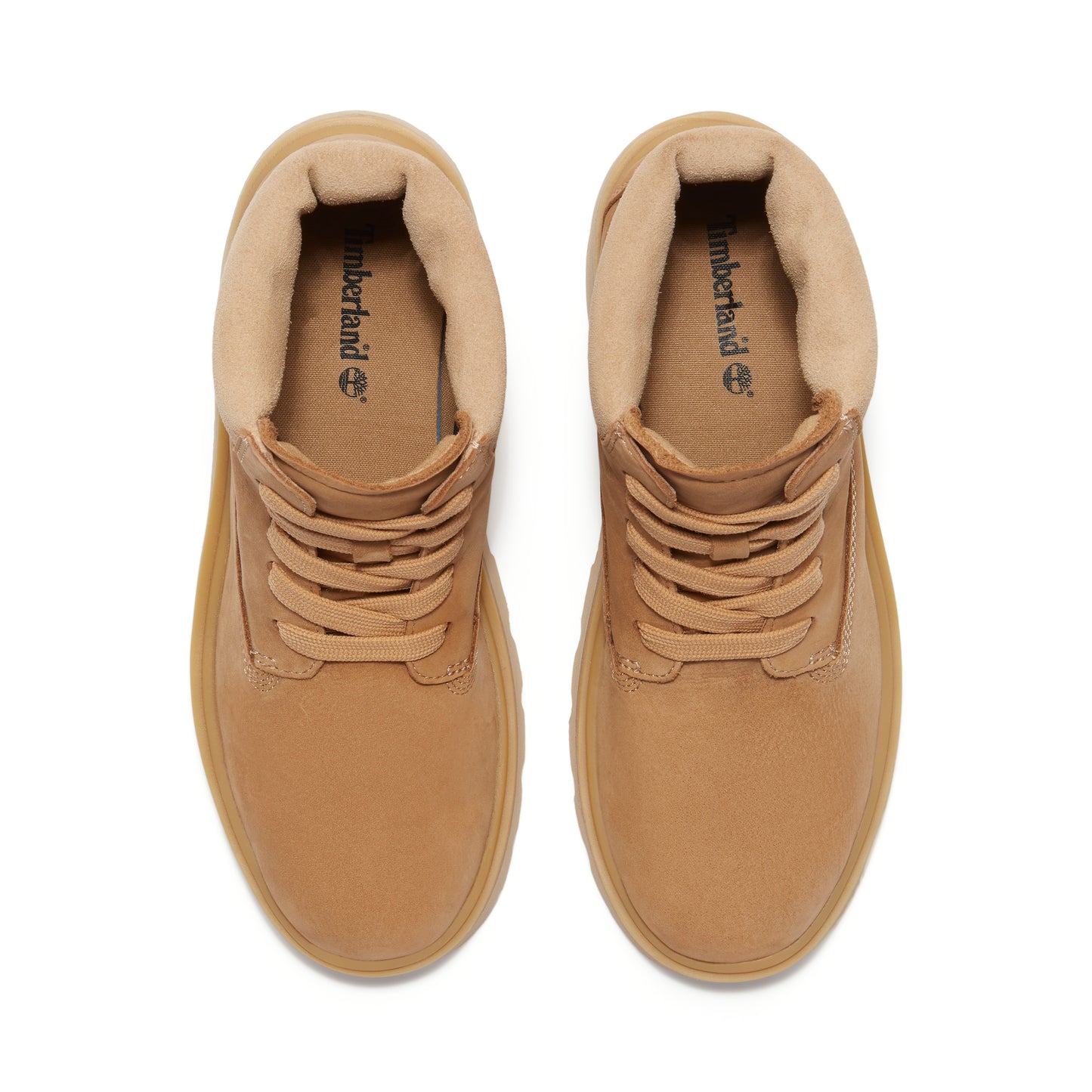 Overhead view of two light brown boots with tan laces and padded collars, the inner lining of each boot is visible.