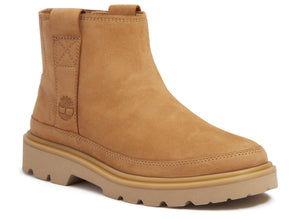 Tan leather chelsea boot with a thick, lugged sole.