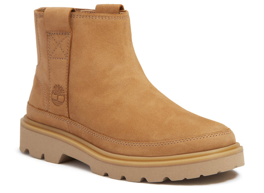 Tan leather chelsea boot with a thick, lugged sole.