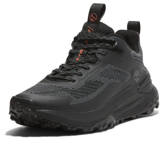 Black high top hiking shoe with laces.