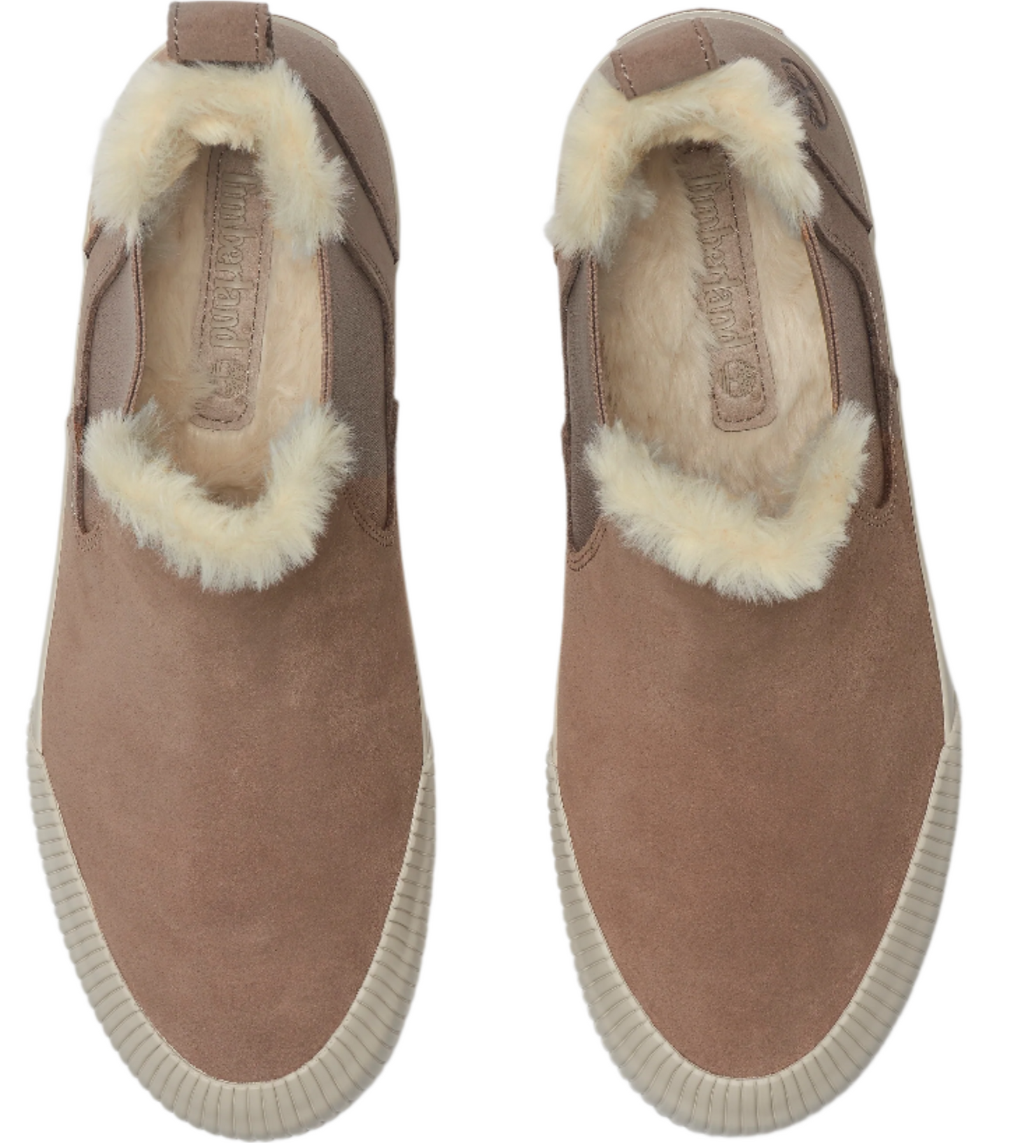 Pair of beige slip-on shoes with fur lining.