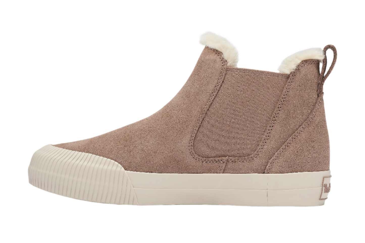 Tan suede high top sneaker with a white rubber sole and a faux fur lining.