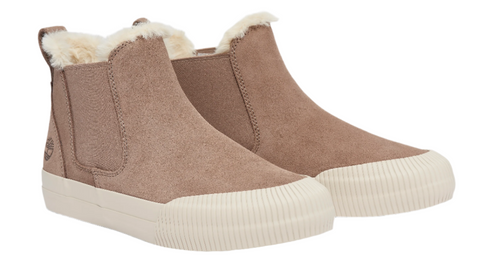 Pair of beige ankle-high slip-on shoes with white rubber soles and faux fur trim.