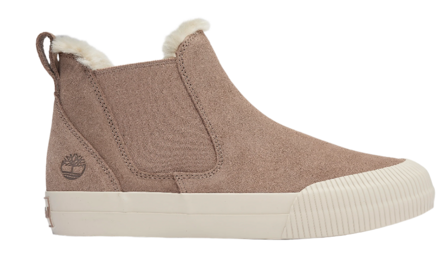 Taupe, high-top, faux fur-lined sneaker boot with a beige rubber sole and elastic side panels.