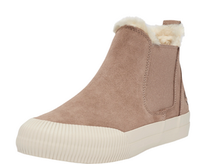Beige Chelsea style boot with white rubber platform and faux fur lining.