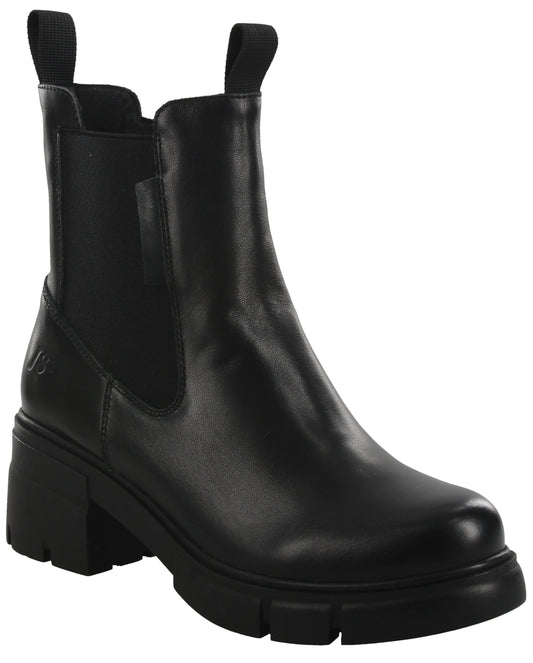Black leather ankle boot with elastic side panels and block heel.