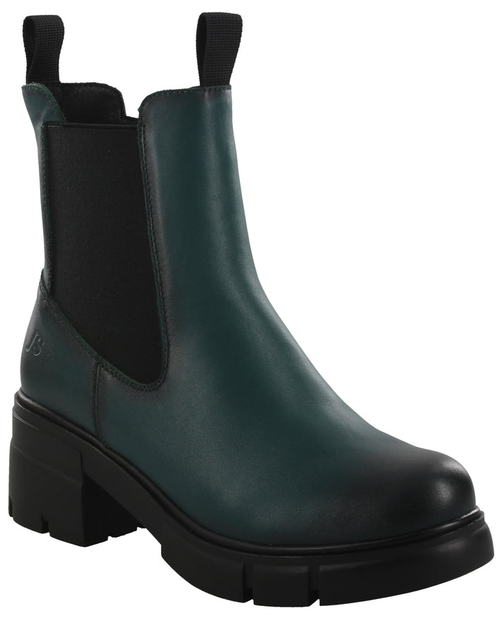 Dark teal leather Chelsea boot with a chunky heel.
