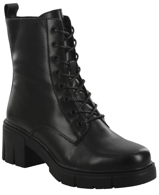 Black lace-up combat boot with a chunky heel and lug sole.
