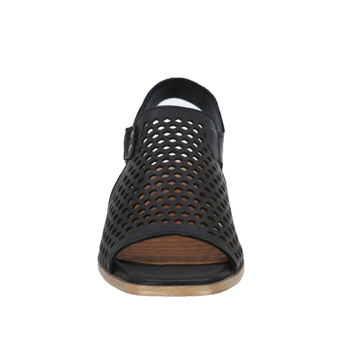 Black perforated peep-toe slingback sandal with buckle.