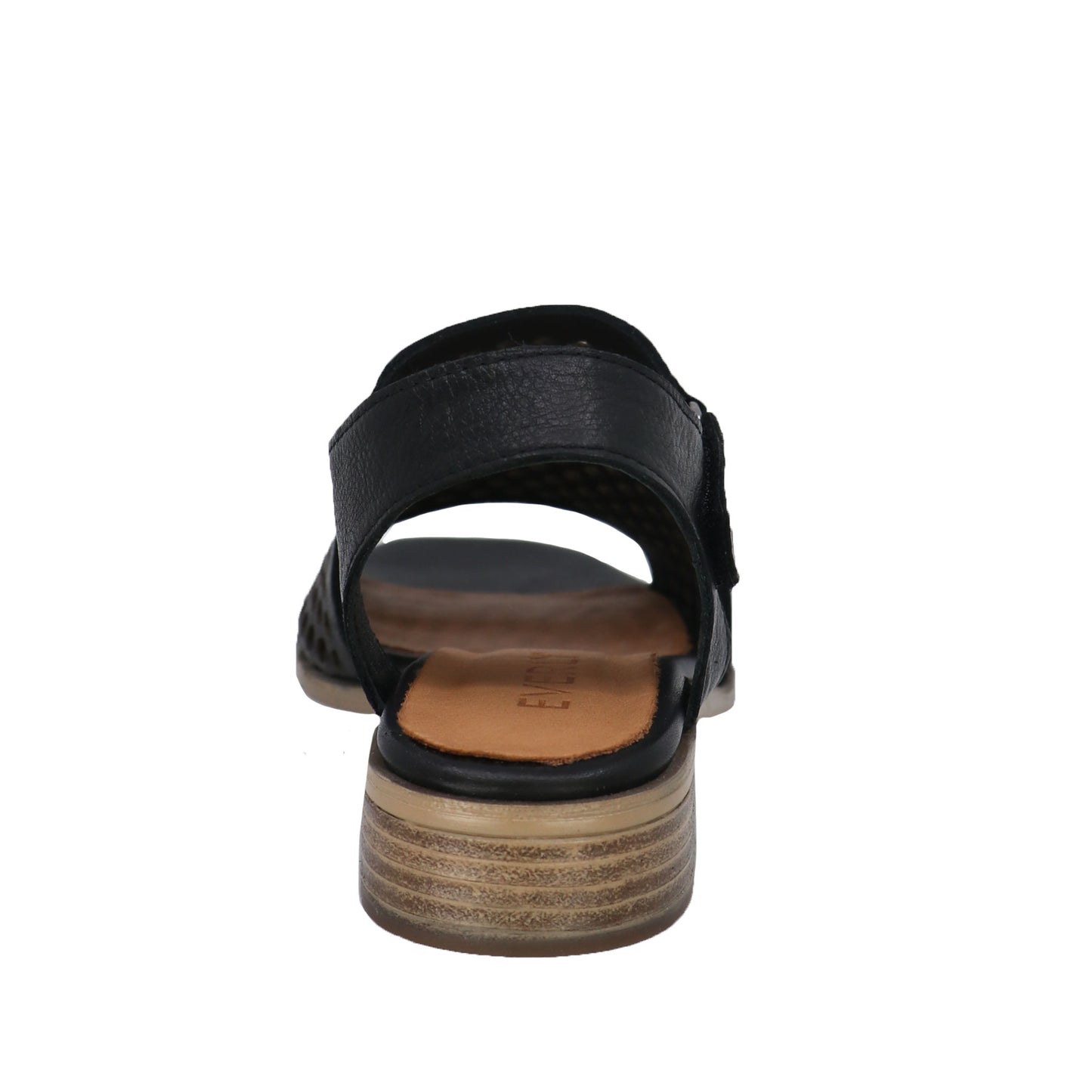 Black sandal with chunky wood-look heel and buckled strap, rear view.
