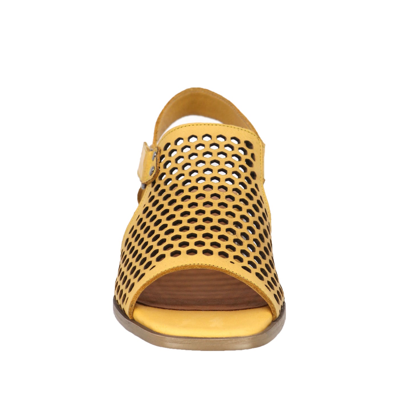 Front view of a yellow leather sandal with decorative perforations and an adjustable ankle strap.
