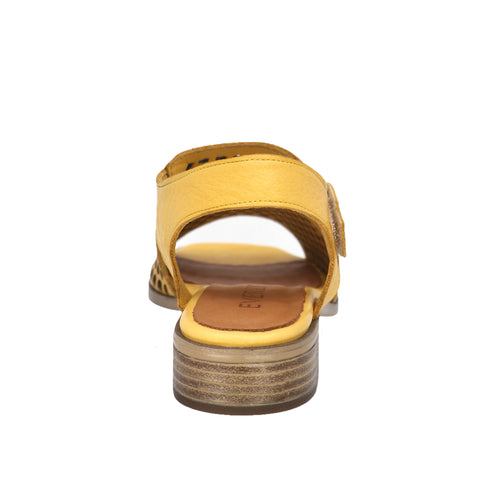 Yellow leather sandal, low block heel, ankle strap.