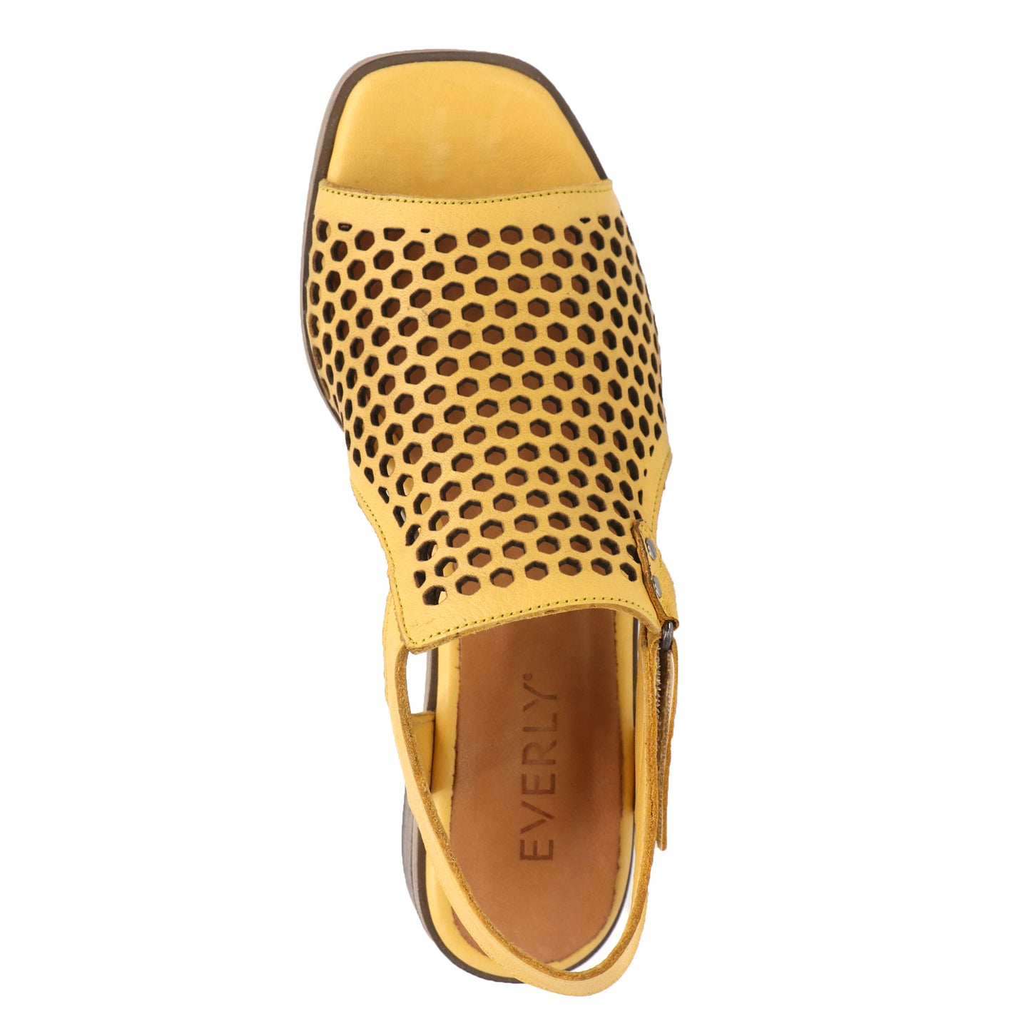 Top view of a yellow sandal with a perforated upper and ankle strap. The insole reads "EVERLY".