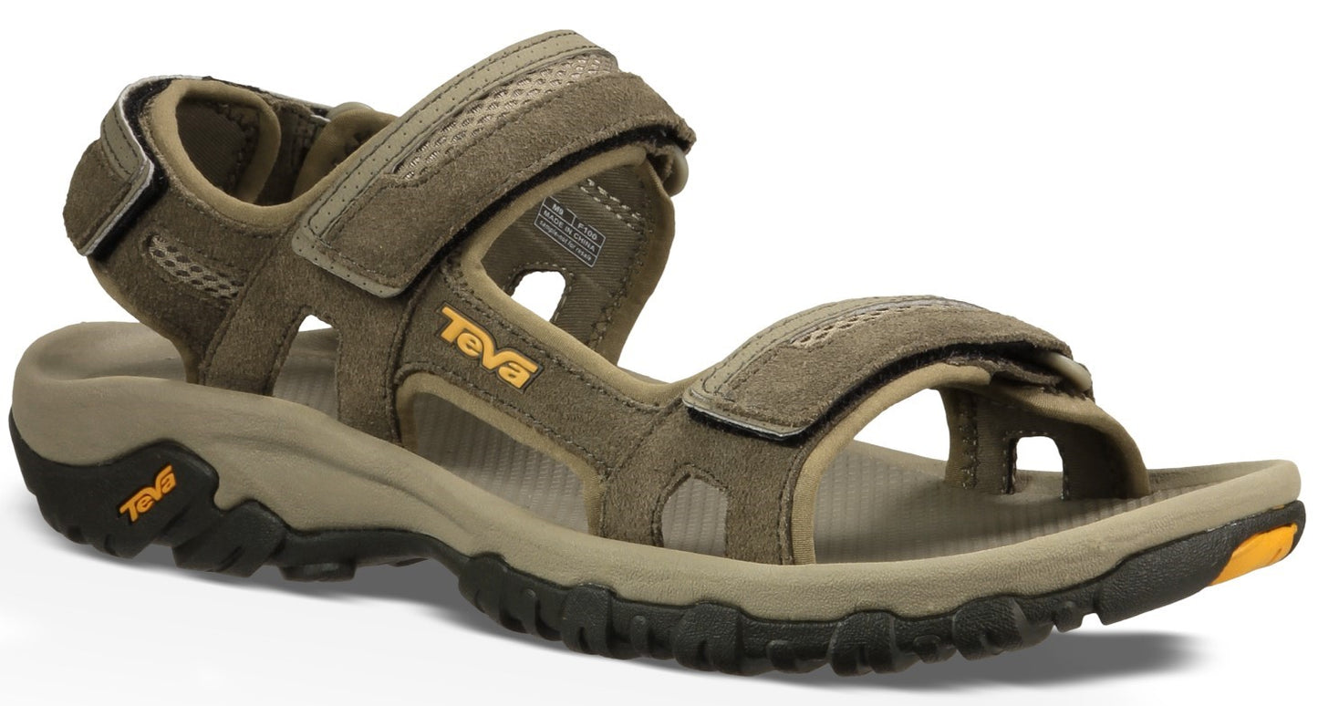 Adjustable brown sandal with a rubber sole.