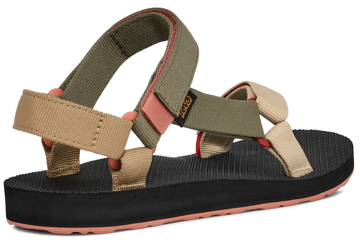 Angled view of a sandal with a black platform sole and tan, red, and olive green straps.