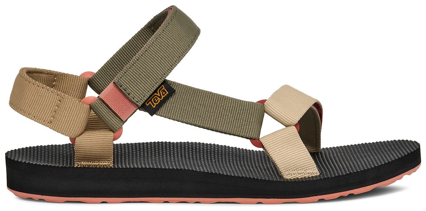 A sandal with a black rubber sole and khaki, green and beige straps.
