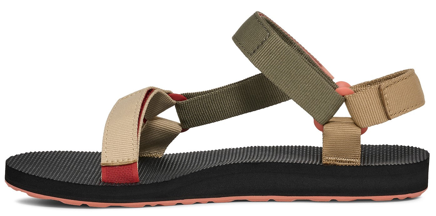 A sandal with tan and olive green straps on a black footbed with a pink sole.