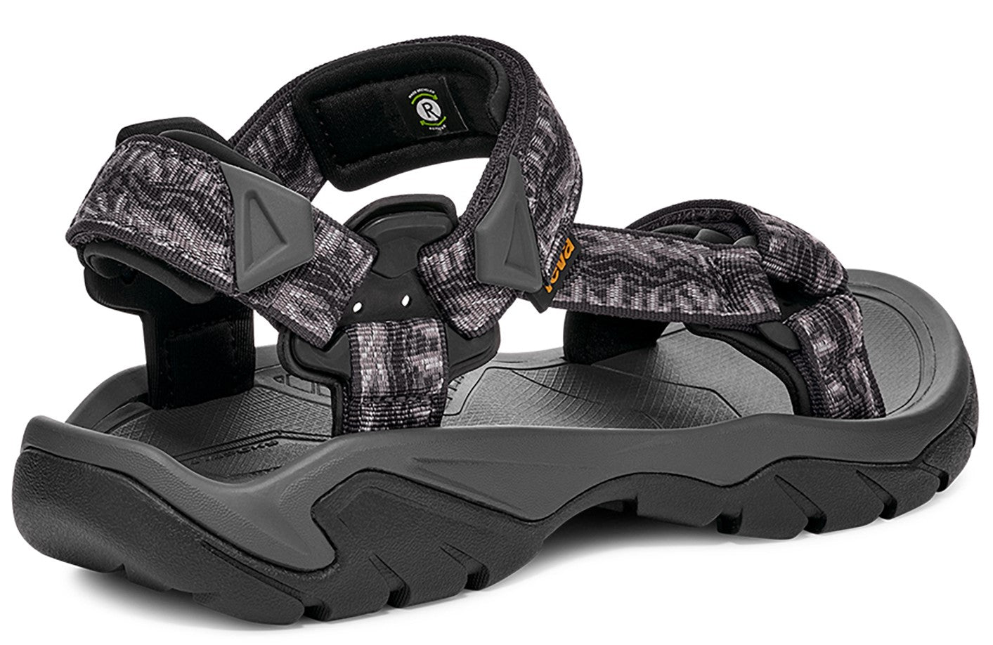 Black and grey patterned sandal with adjustable straps and thick, rugged sole.
