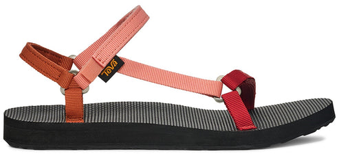 A sandal with pink, red, and orange straps, black sole, and a visible 'teva' tag.