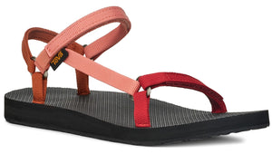 A sandal with red and orange straps and black soles.