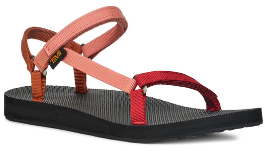 A sandal with red and orange straps and black soles.