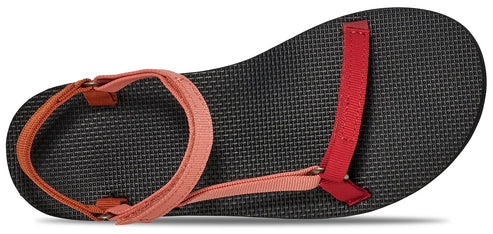 A sandal with a red toe strap and coral colored heel strap.
