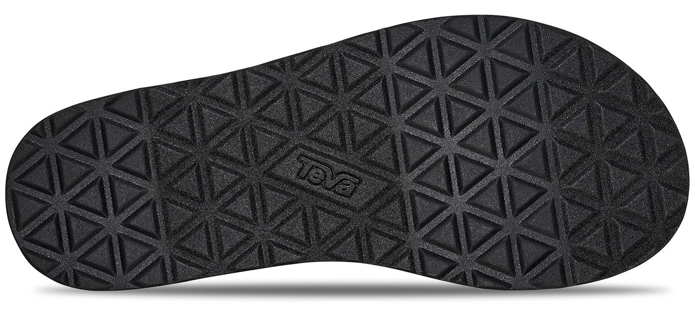 Bottom of a black sandal with a triangular pattern and the word "TEVA".
