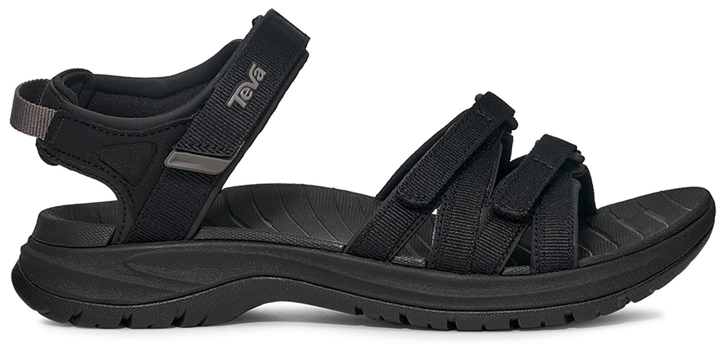 A black sandal with multiple adjustable straps and a supportive sole.