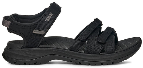 A black sandal with multiple adjustable straps and a supportive sole.