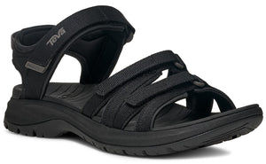 Black sandal with adjustable straps.