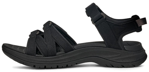 A black sandal with straps and a thick sole.