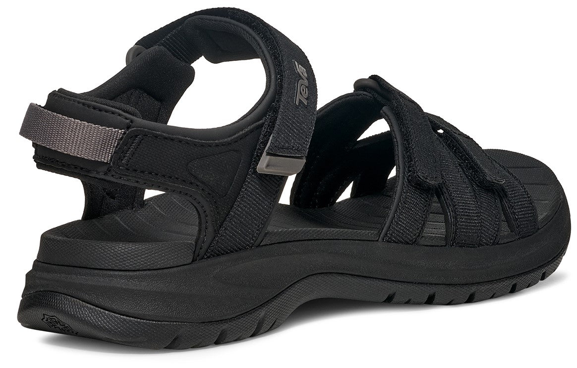 Black sandal with multiple adjustable velcro straps and a thick sole.