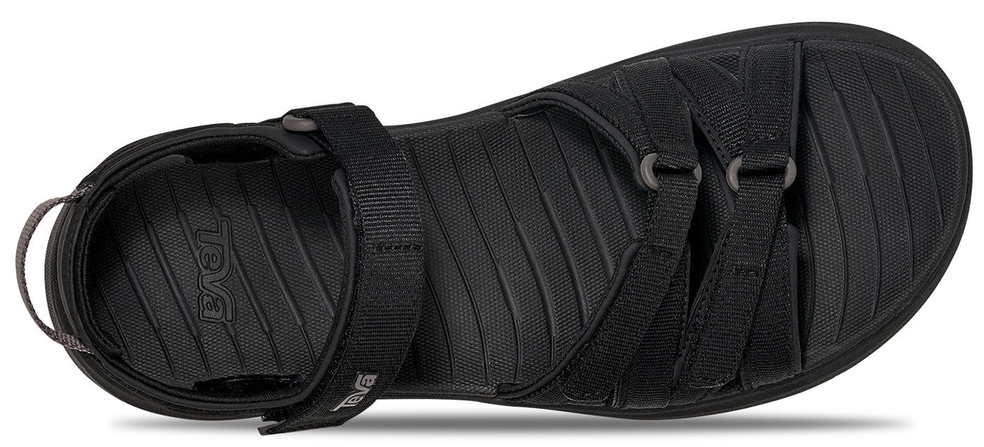 A black sandal with straps.