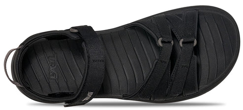 A black sandal with straps.