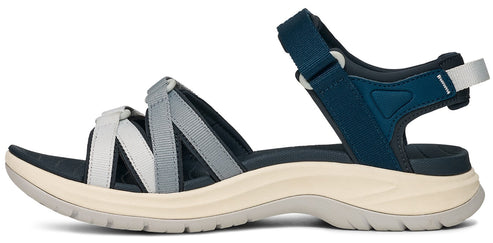 A sandal with a blue ankle strap and gray straps across the foot.