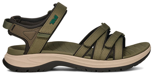 Olive sandal with adjustable straps and thick sole.