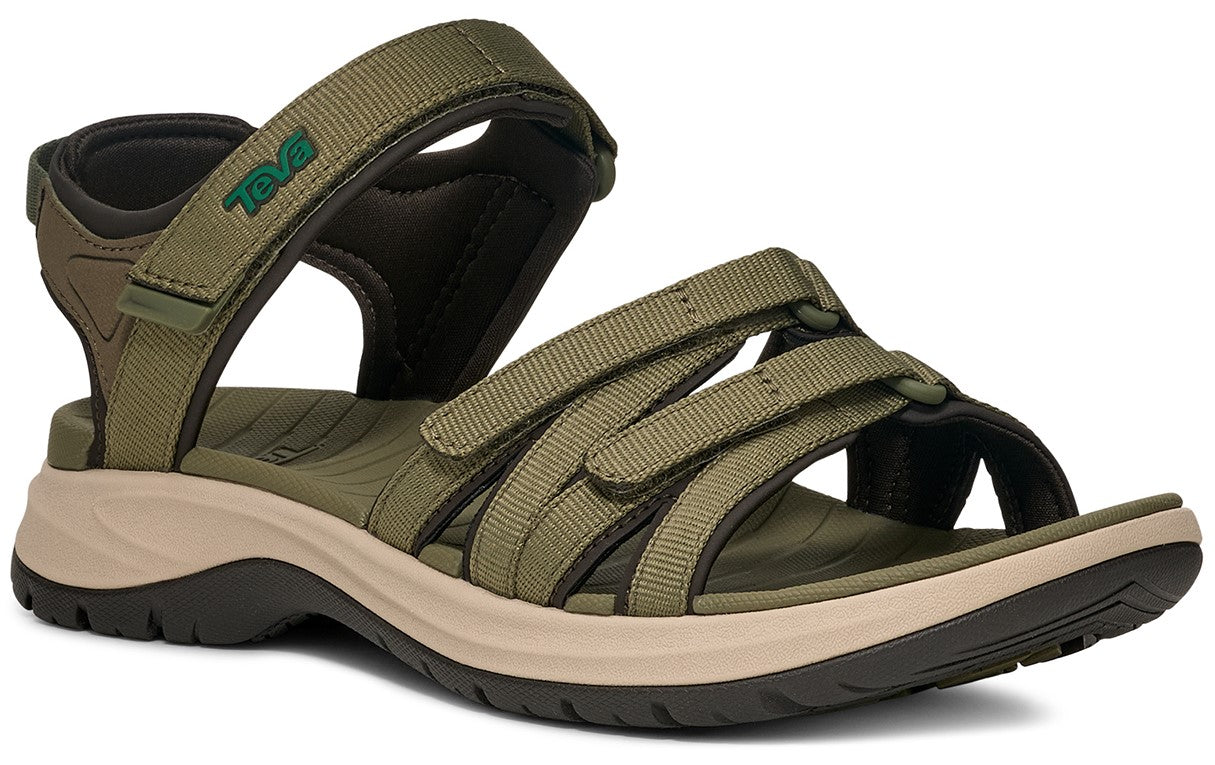 Olive sandal with multiple adjustable straps and a beige and dark brown sole.